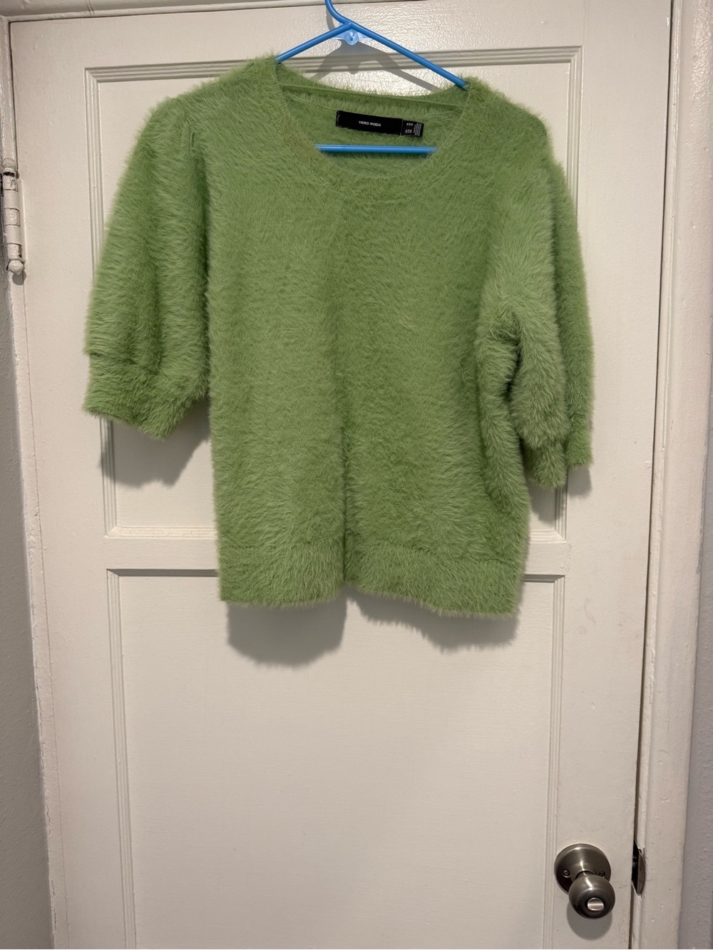 Vero Moda Light Green Fuzzy Short Sleeve Crewneck Sweater